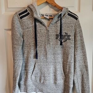 VGUC Victoria's Secret PINK quarter zip hooded sweatshirt Size‎ small gray navy